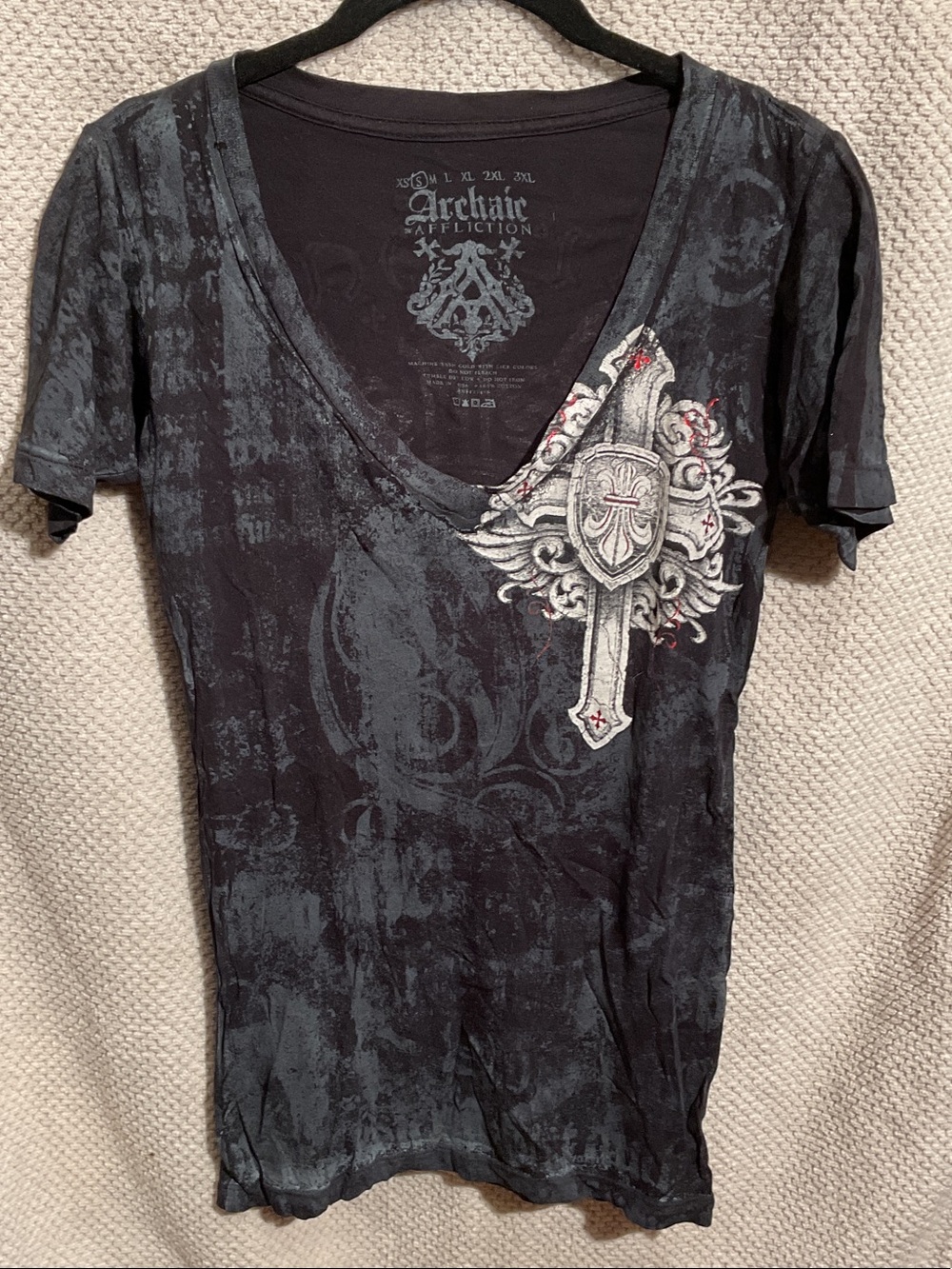 Affliction Black Short-Sleeve V-Neck Tee with Silver Cross Graphic